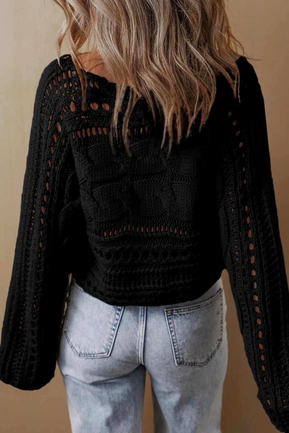 Cable - Knit Openwork Long Sleeve Sweater - JUST - JEN BOUTIQUE
