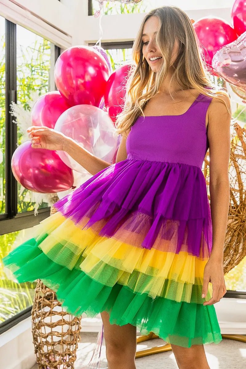 BiBi Mardi Gras Color Block Layered Mesh Tiered Dress - JUST - JEN BOUTIQUE