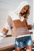 Double Take Full Size Openwork Contrast Long Sleeve Hooded Sweater - JUST - JEN BOUTIQUE