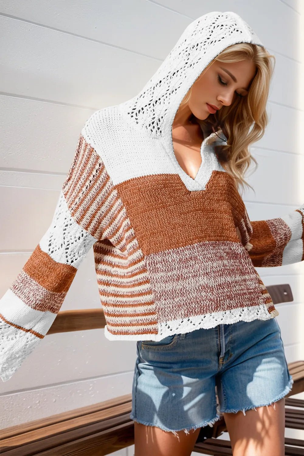 Double Take Full Size Openwork Contrast Long Sleeve Hooded Sweater - JUST - JEN BOUTIQUE
