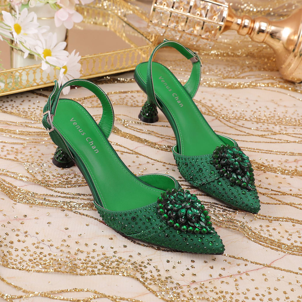 Rhinestone Point Toe Flare Heel Slingback Pumps - JUST - JEN BOUTIQUE