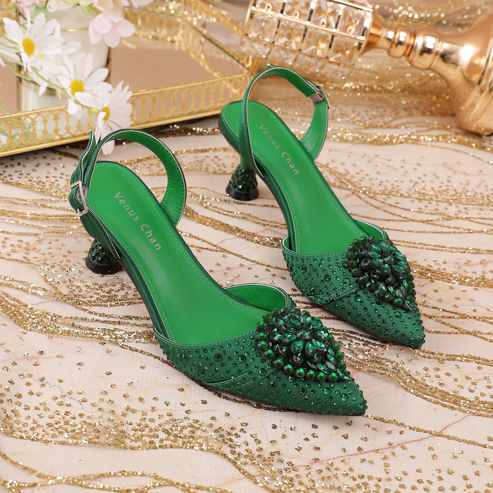 Rhinestone Point Toe Flare Heel Slingback Pumps - JUST - JEN BOUTIQUE