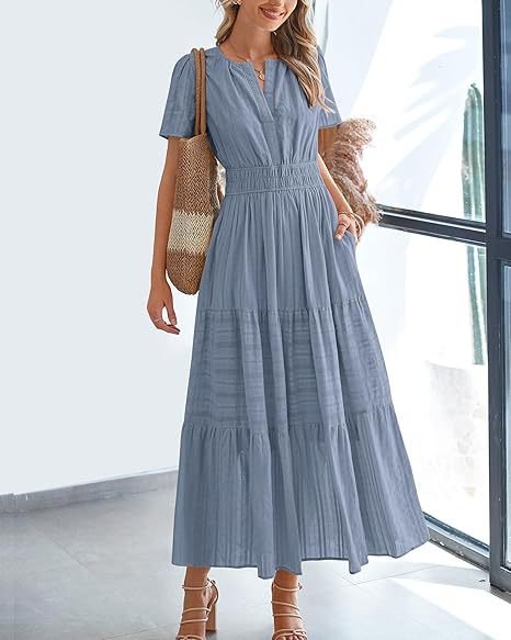 V - neck pleated bubble sleeves large swing short sleeved dress - JUST - JEN BOUTIQUE