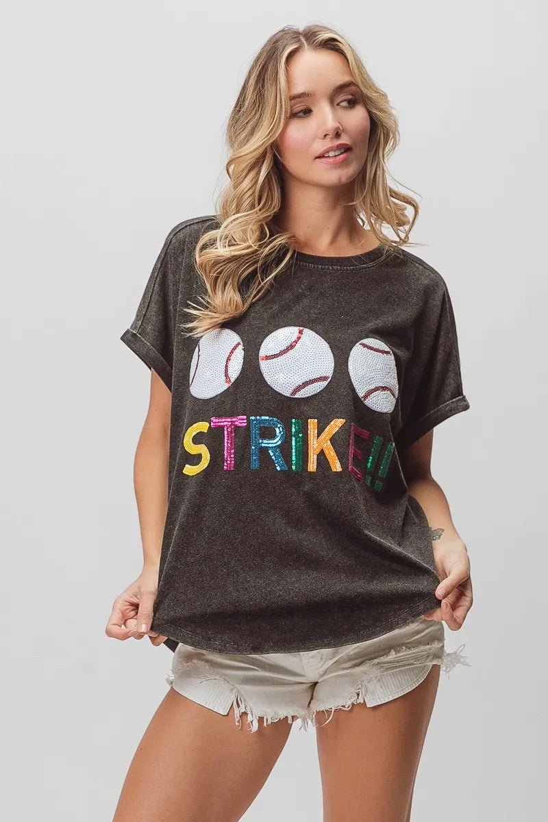 BiBi Sequin Baseballs Strike Washed Short Sleeve Top - JUST - JEN BOUTIQUE