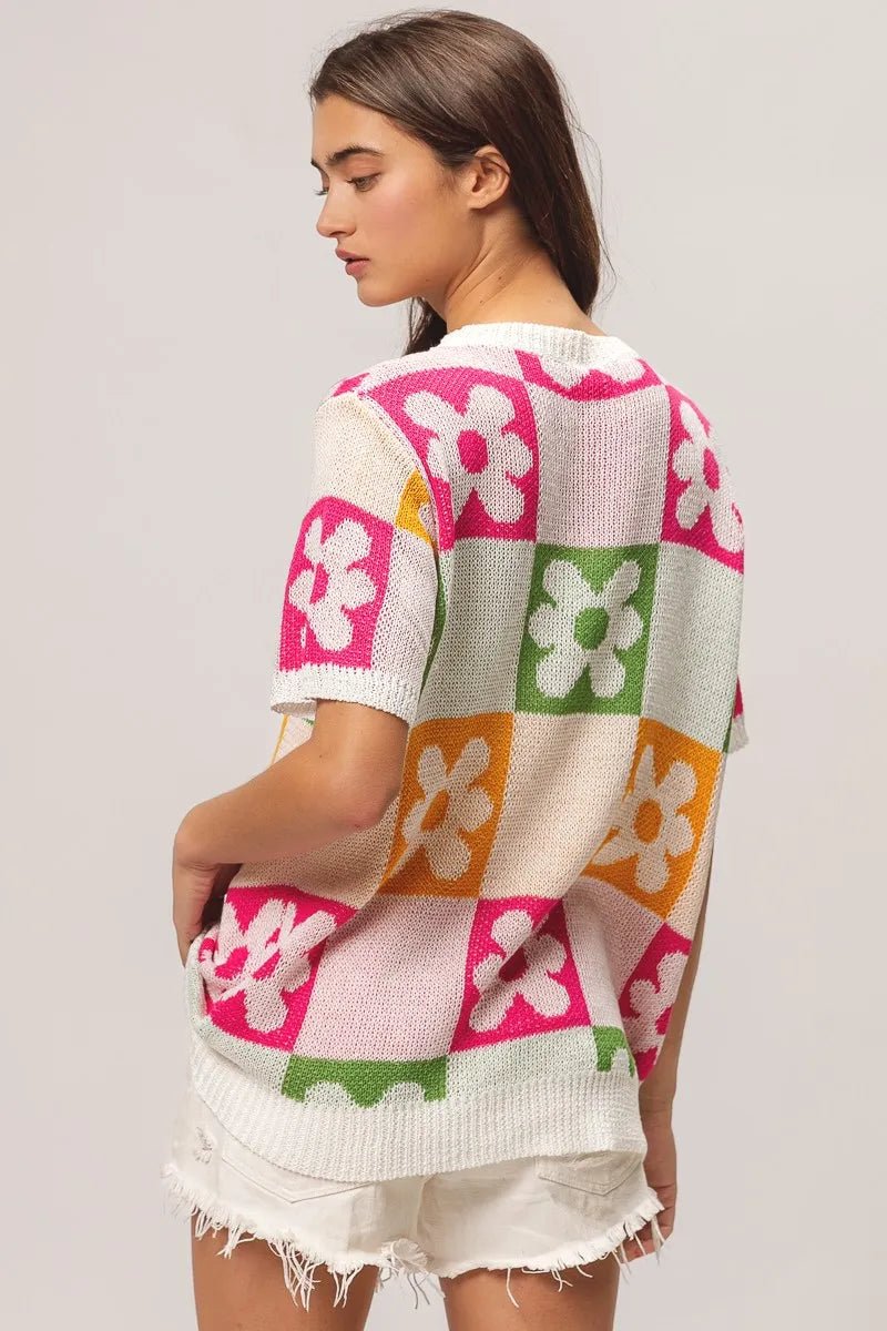 BiBi Flower Checker Pattern Lightweight Sweater Top - JUST - JEN BOUTIQUE
