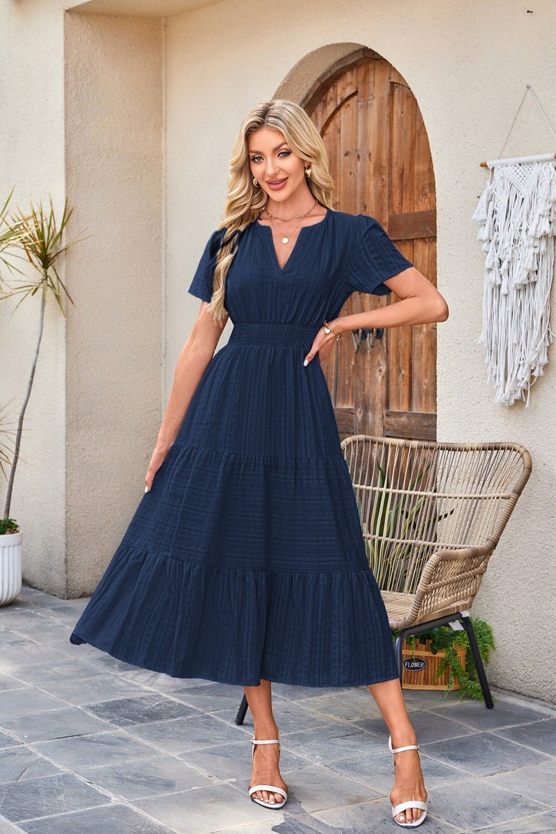 V - neck pleated bubble sleeves large swing short sleeved dress - JUST - JEN BOUTIQUE