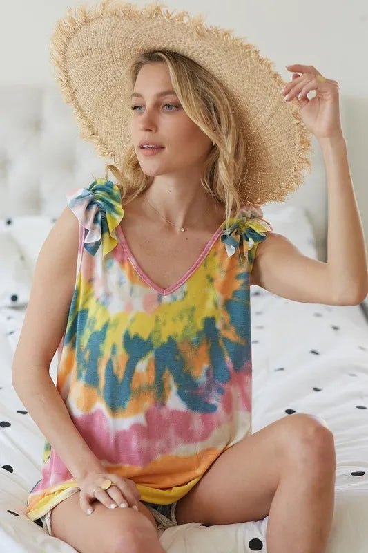 BiBi Circular Tie Dye Knit V Neck Top With Ruffle - JUST - JEN BOUTIQUE