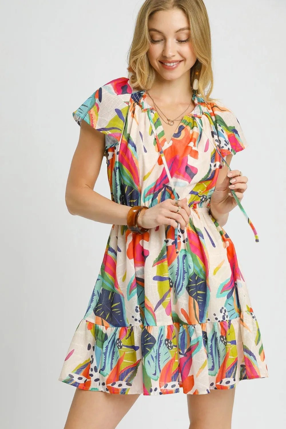 Umgee Printed Tie Neck Ruffled Hem Dress - JUST - JEN BOUTIQUE