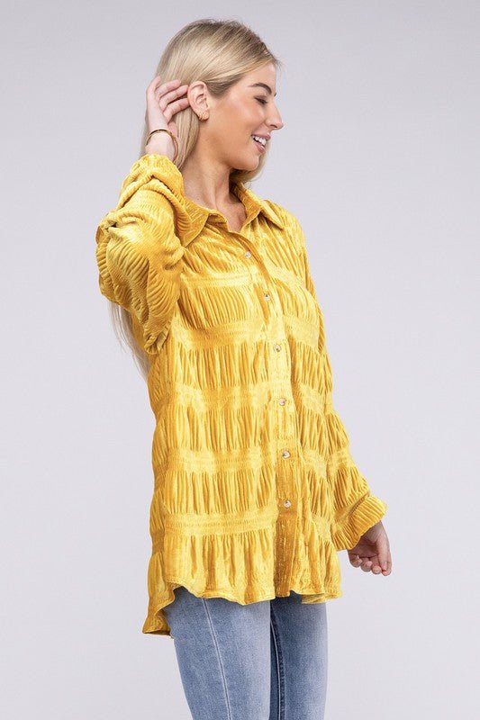 Wrinkle Effect Tiered Shirring Velvet Shirt - JUST - JEN BOUTIQUE