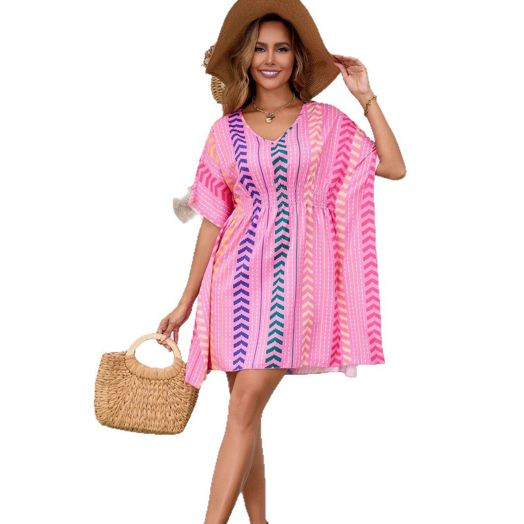 Women's Floral Boho Mini Dress – V-Neck Short Sleeve Vacation Sundress