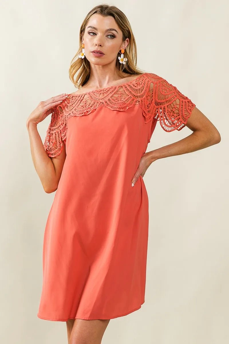BiBi Crochet Lace Yoke Detailed Wrinkled Dress - JUST - JEN BOUTIQUE