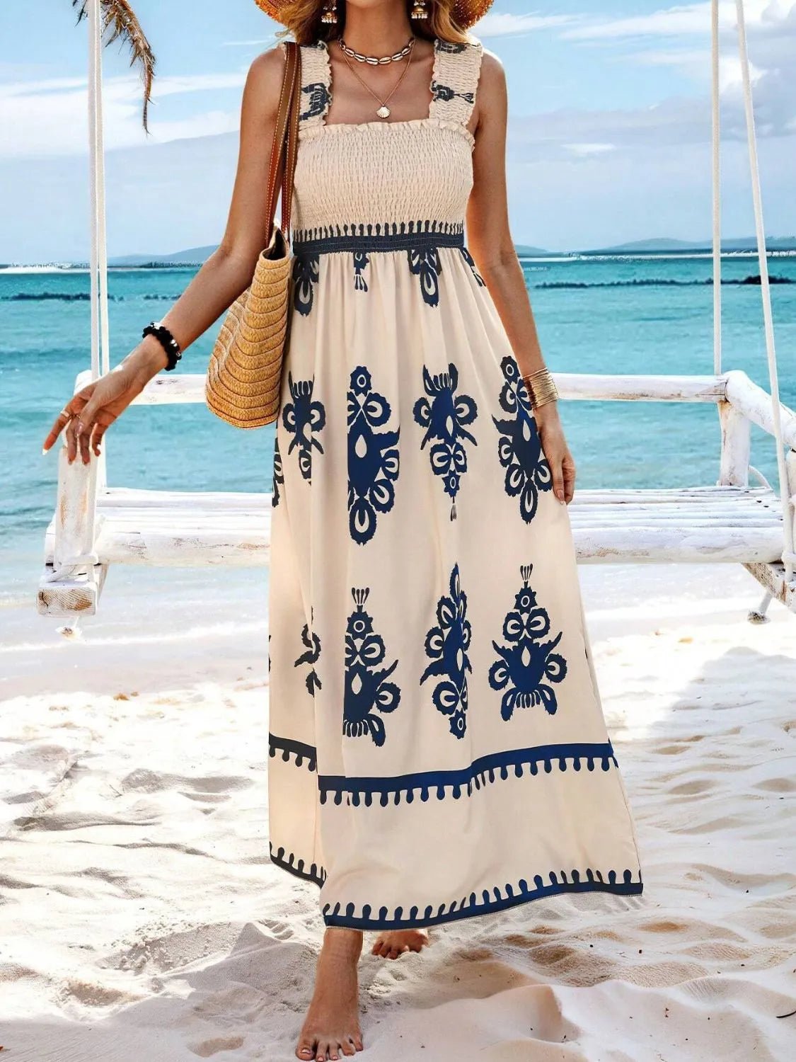 Smocked Printed Wide Strap Maxi Dress - JUST - JEN BOUTIQUE