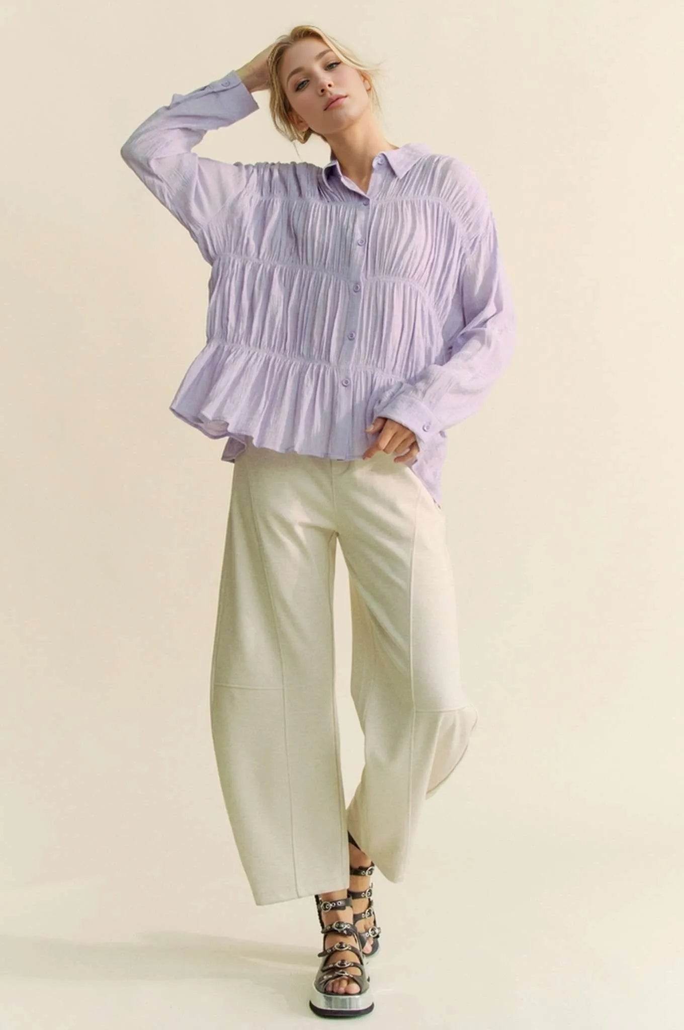 Davi & Dani Ruched All Over Button Front Shirt - JUST - JEN BOUTIQUE