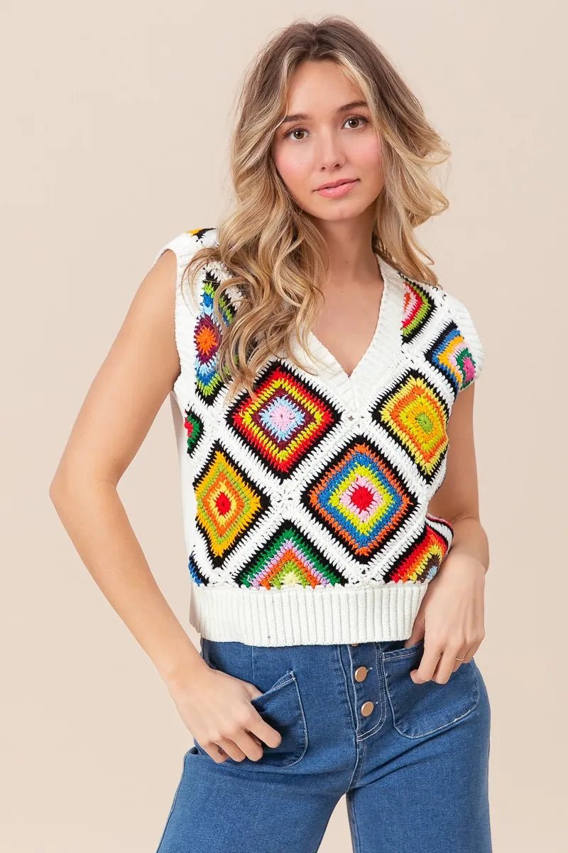 BiBi Diamond Granny Square Sweater Vest - JUST - JEN BOUTIQUE