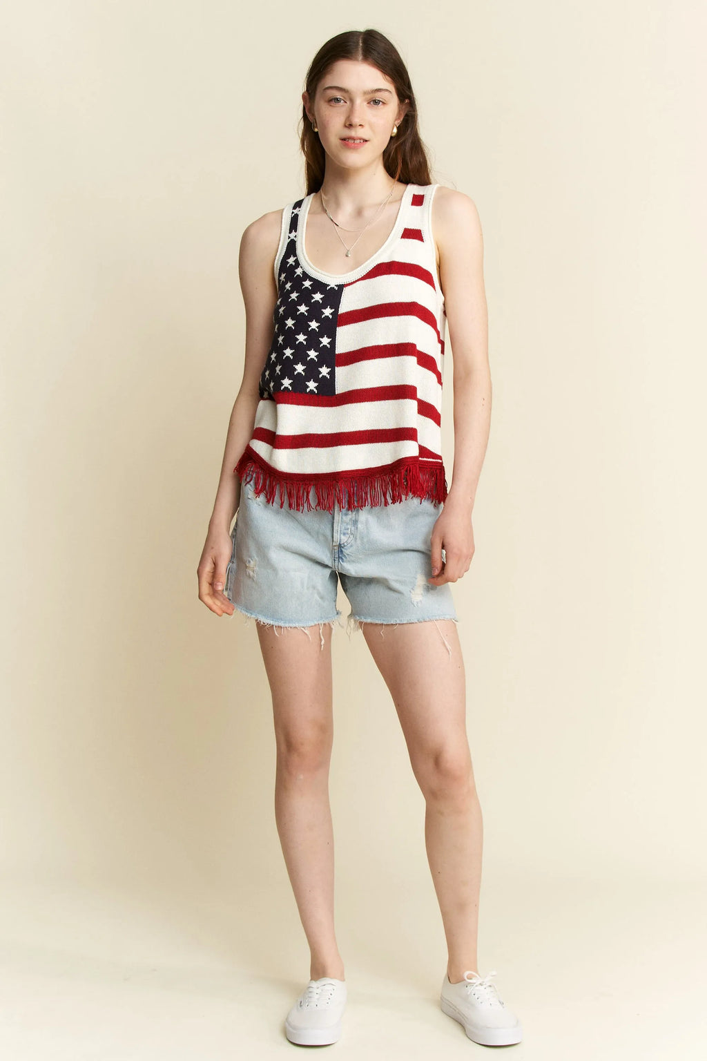 Jade By Jane Full Size American Flag Fringe Tank Top Plus Size - JUST - JEN BOUTIQUE