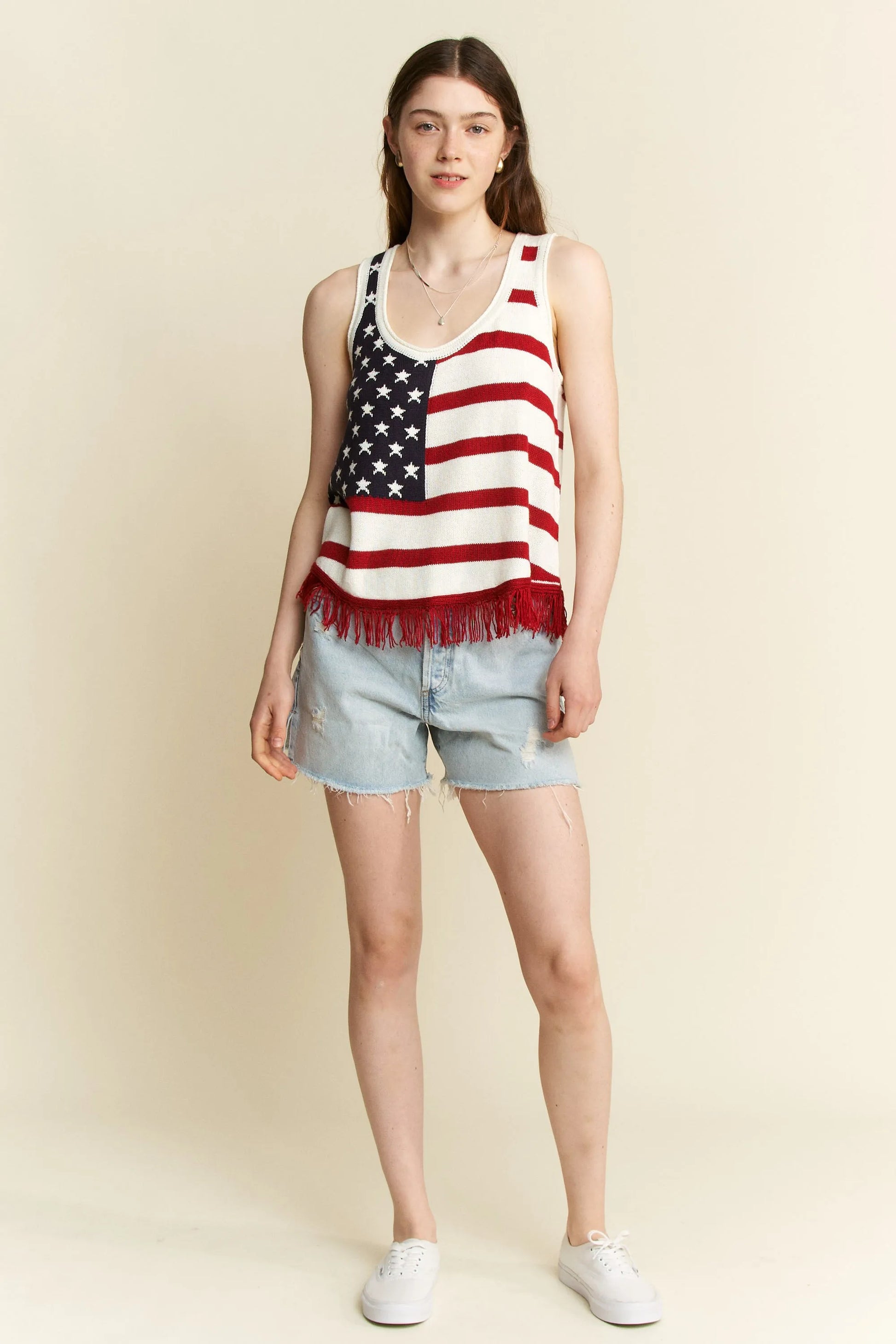 Jade By Jane Full Size American Flag Fringe Tank Top Plus Size - JUST - JEN BOUTIQUE