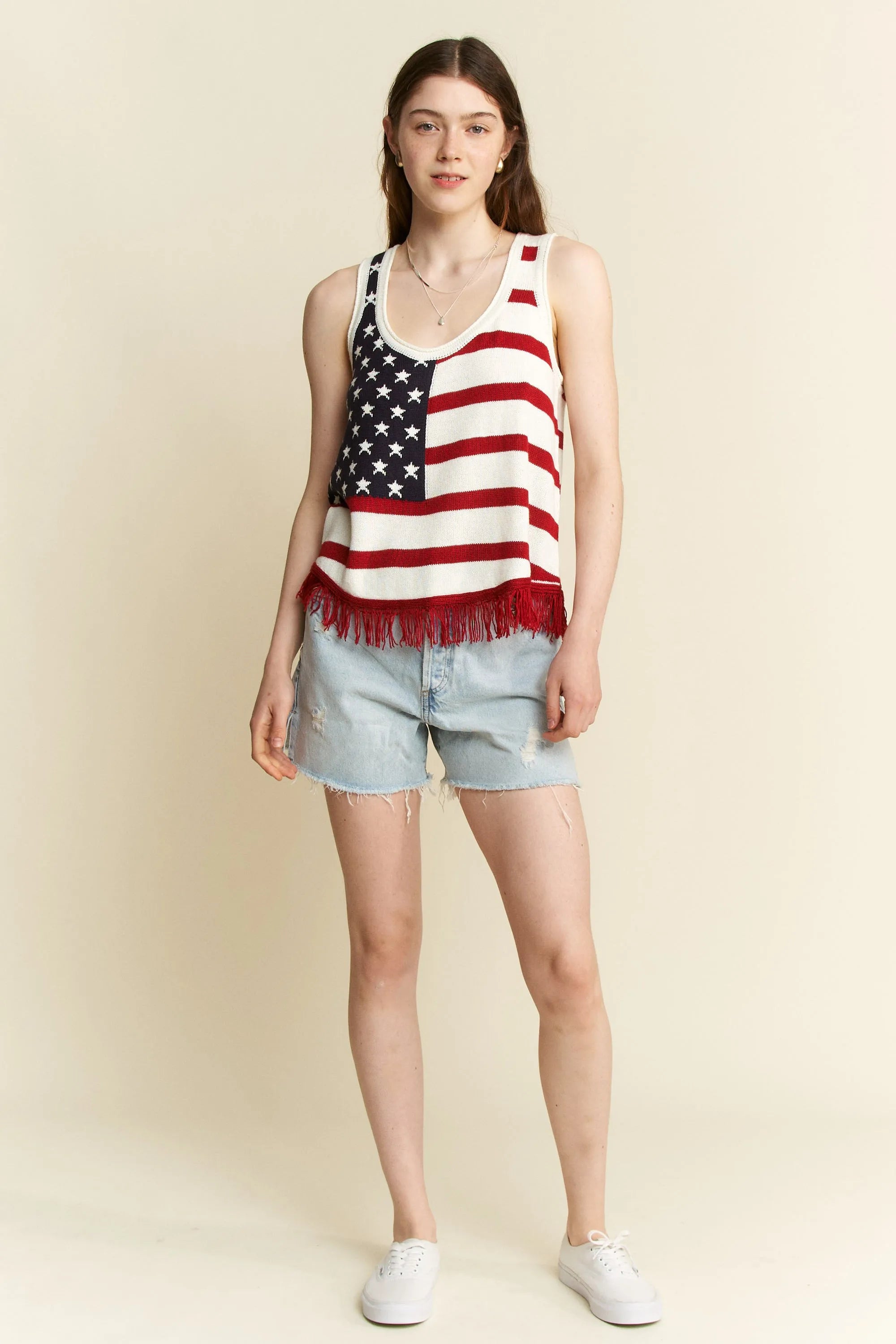Jade By Jane Full Size American Flag Fringe Tank Top Plus Size - JUST - JEN BOUTIQUE