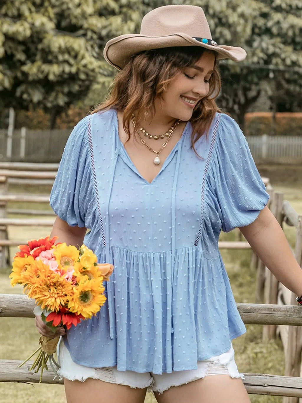 Plus Size Swiss Dot Tie Neck Short Sleeve Blouse - JUST - JEN BOUTIQUE