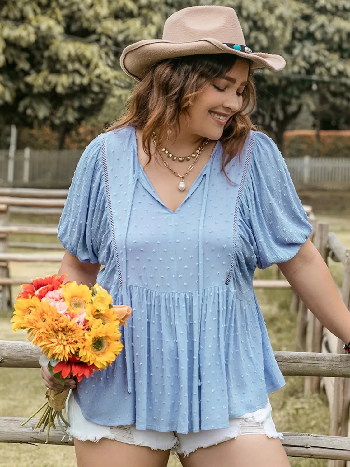 Plus Size Swiss Dot Tie Neck Short Sleeve Blouse - JUST - JEN BOUTIQUE