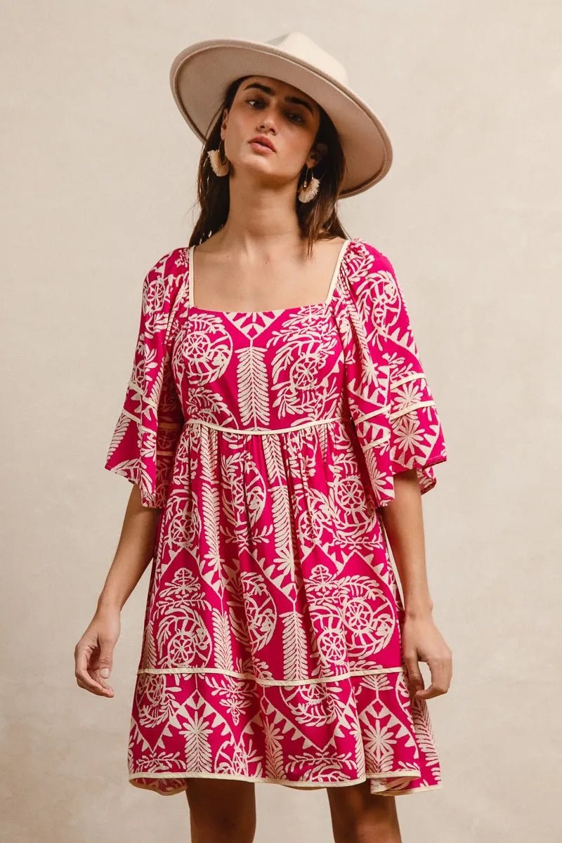 BiBi Aztec Woven Printed Contrast Binding Dress - JUST - JEN BOUTIQUE