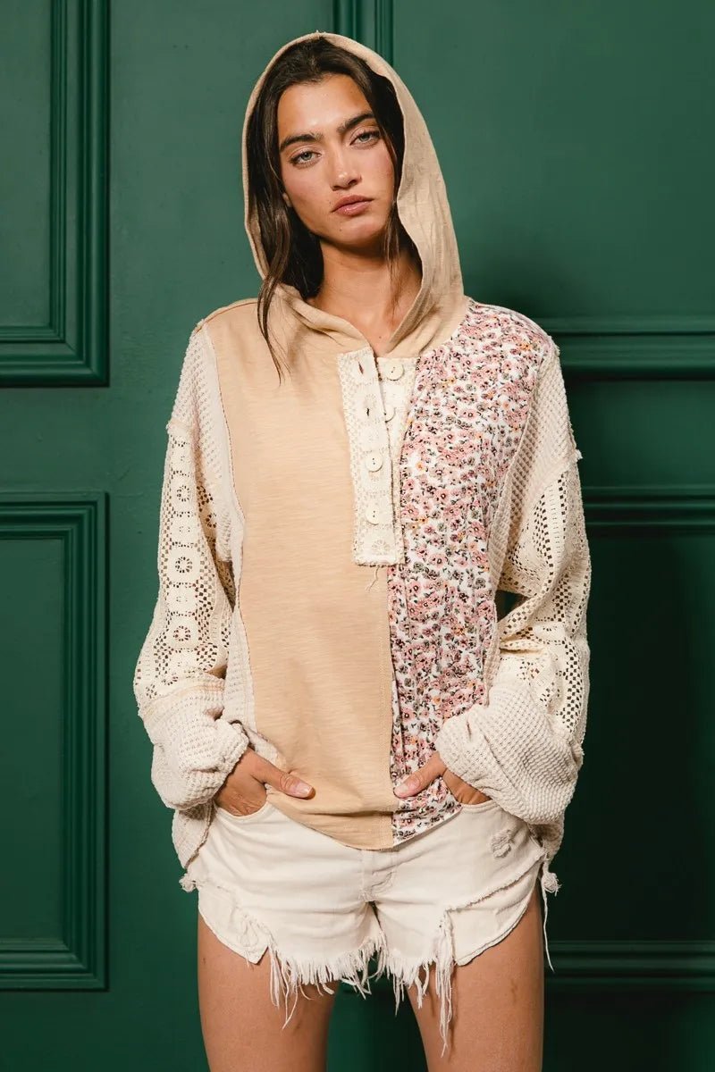 BiBi Slub Jersey with Lace Combo Buttoned Hoodie Top - JUST - JEN BOUTIQUE