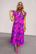 Oh Full Size Ruffled Printed Notched Cap Sleeve Midi Dress - JUST - JEN BOUTIQUE