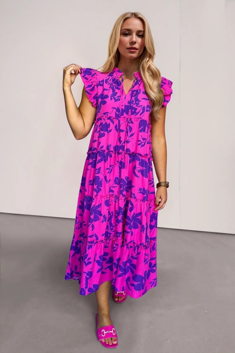 Oh Full Size Ruffled Printed Notched Cap Sleeve Midi Dress - JUST - JEN BOUTIQUE
