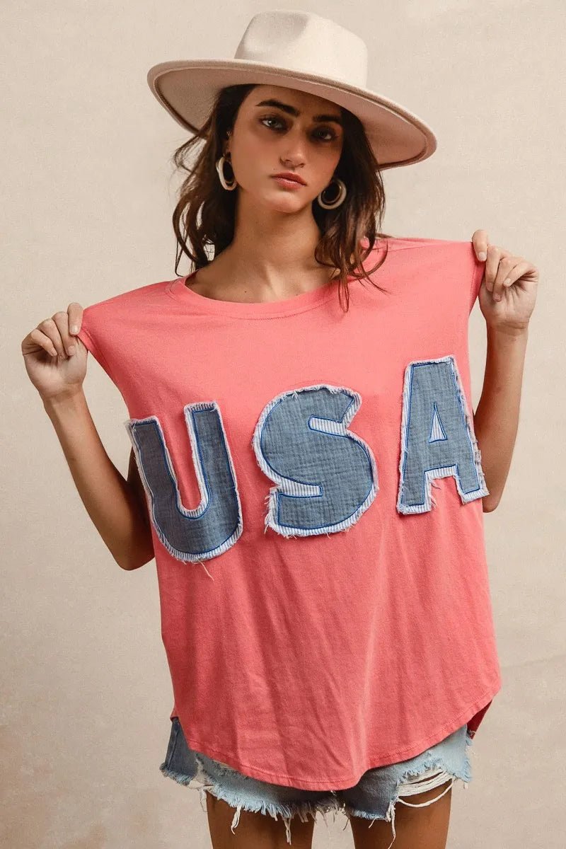 BiBi Washed Jersey With Usa Patched Raw Cut Edge Detail - JUST - JEN BOUTIQUE