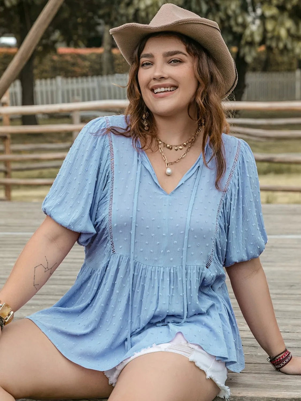 Plus Size Swiss Dot Tie Neck Short Sleeve Blouse - JUST - JEN BOUTIQUE