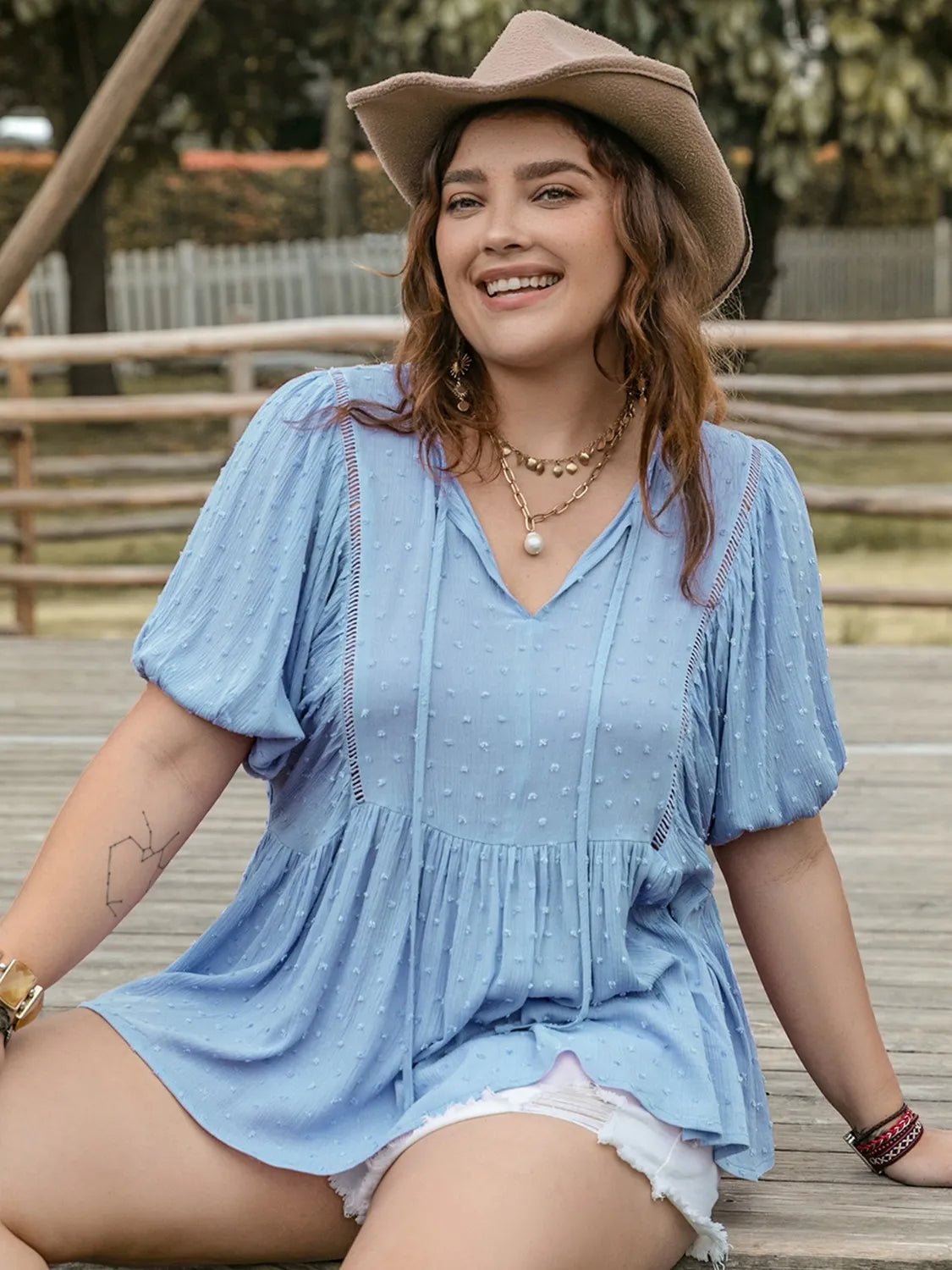 Plus Size Swiss Dot Tie Neck Short Sleeve Blouse - JUST - JEN BOUTIQUE
