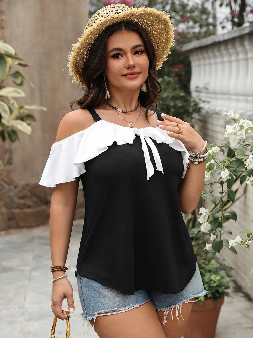Plus Size Ruffled Contrast Short Sleeve Blouse - JUST - JEN BOUTIQUE