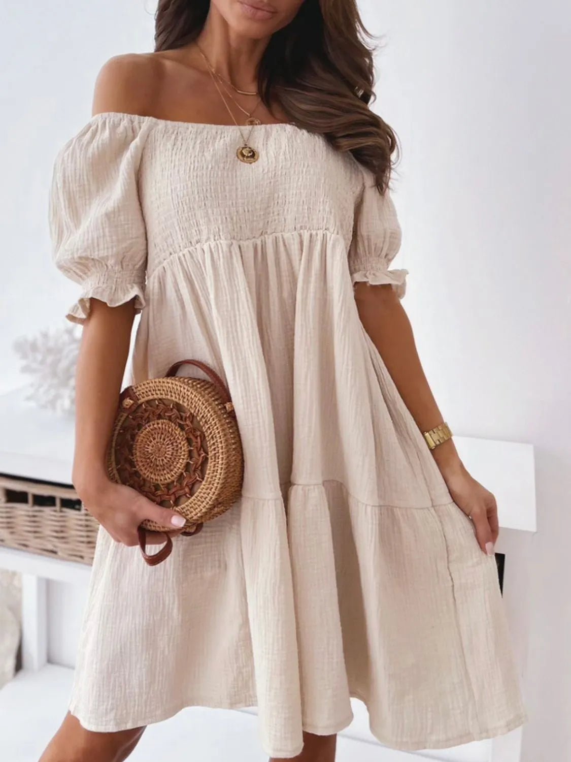 Smocked Off - Shoulder Mini Dress - JUST - JEN BOUTIQUE