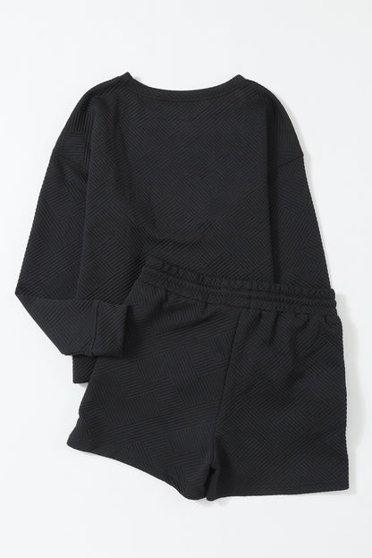 Black Textured Long Sleeve Top and Drawstring Shorts Set