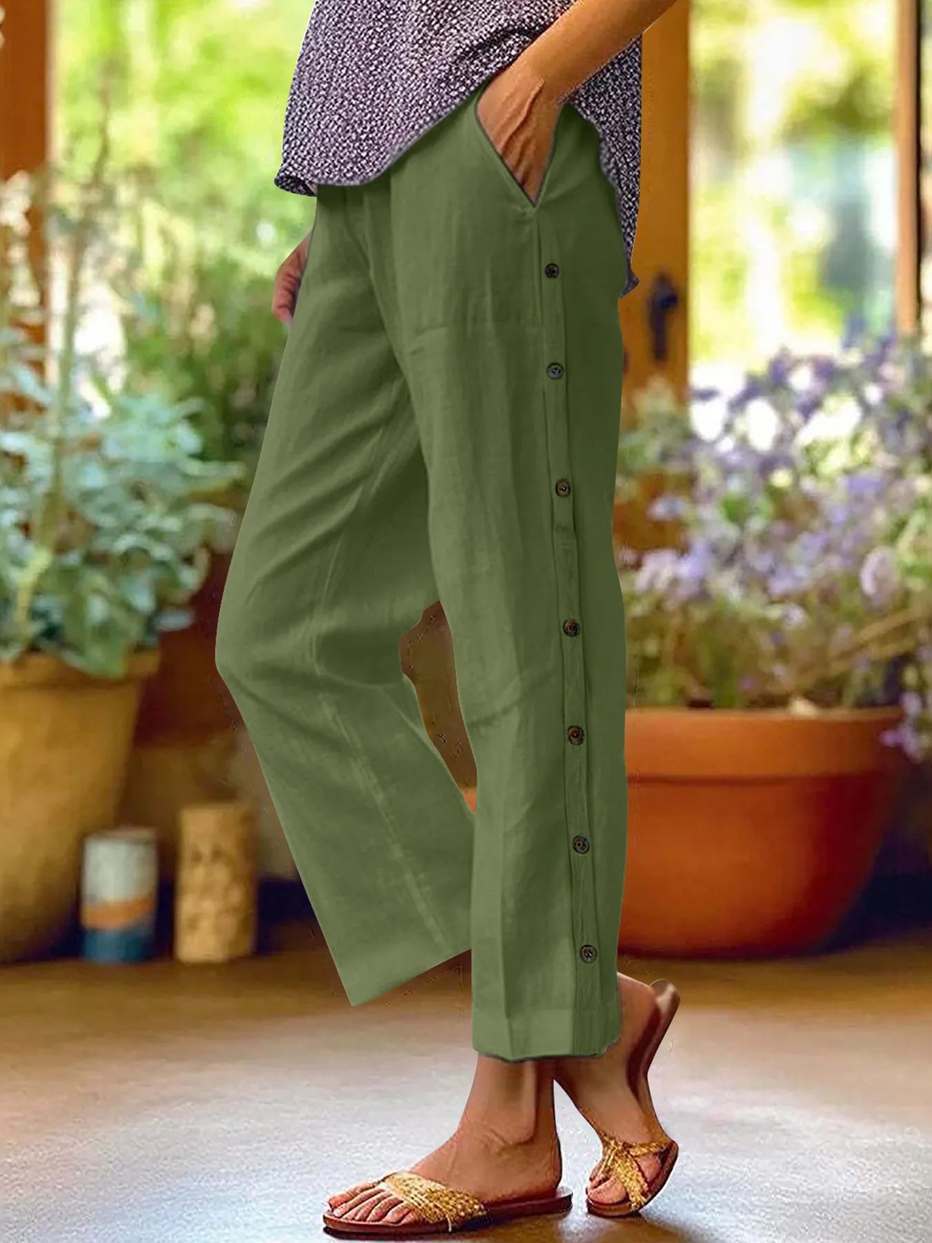 Full Size Side Decor Button Casual Wide Leg Pants Plus Size - JUST - JEN BOUTIQUE