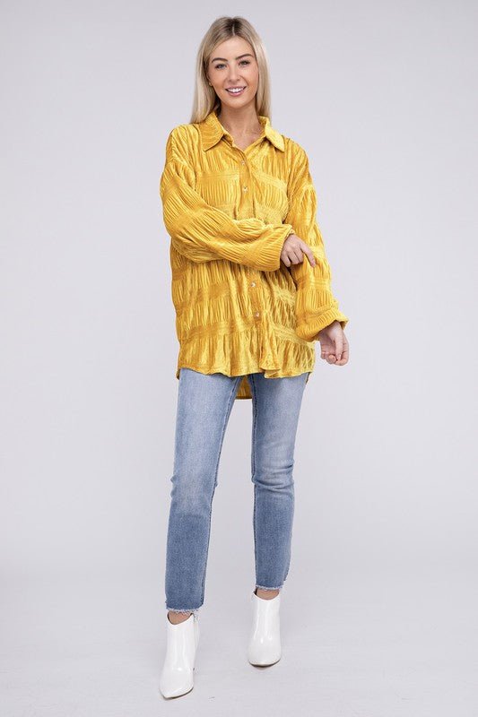 Wrinkle Effect Tiered Shirring Velvet Shirt - JUST - JEN BOUTIQUE