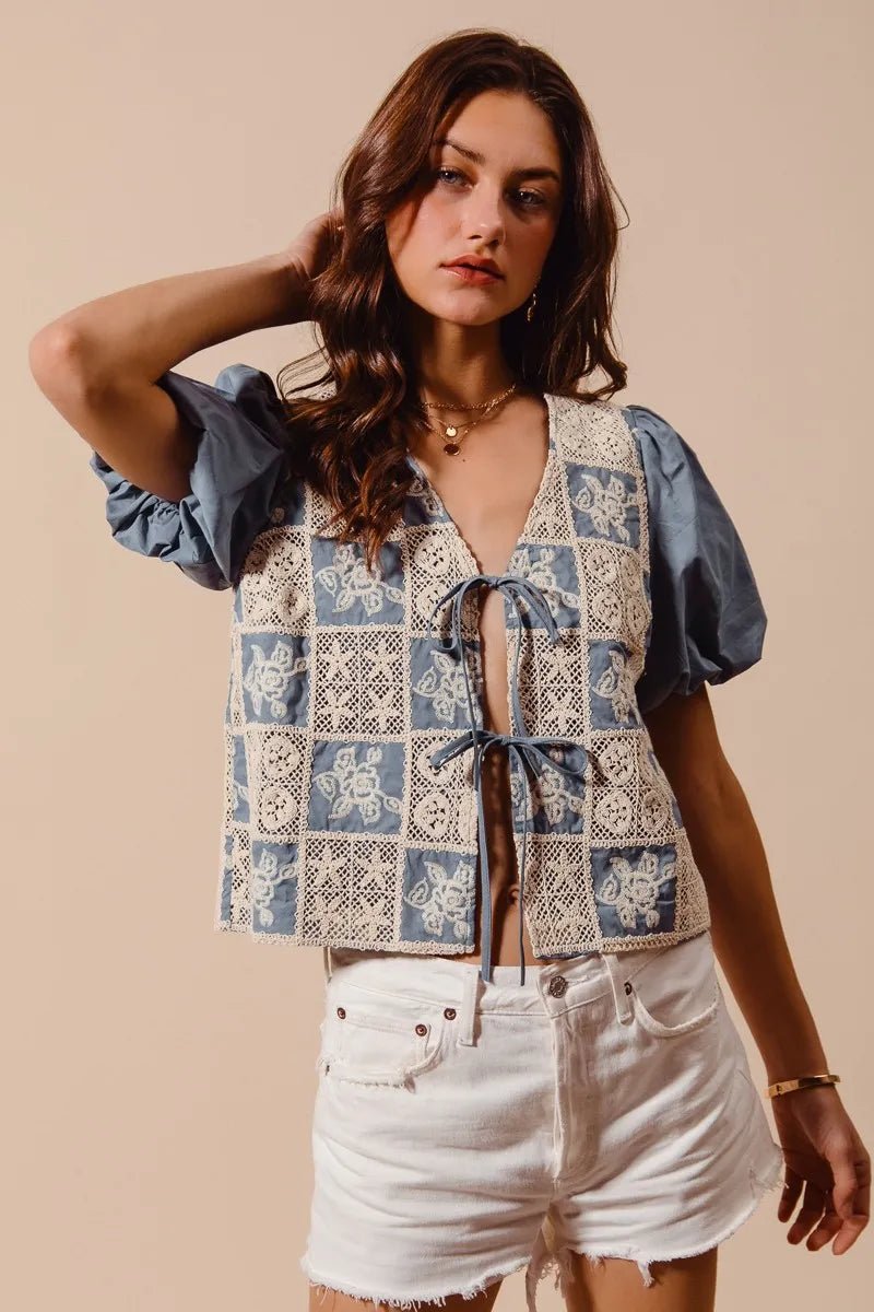 SO ME Crochet Lace Tie Front V Neck Blouse Top - JUST - JEN BOUTIQUE