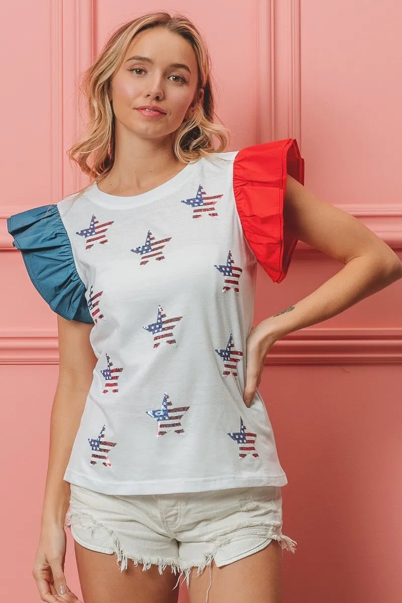 BiBi American Flag Sequin Stars Top - JUST - JEN BOUTIQUE