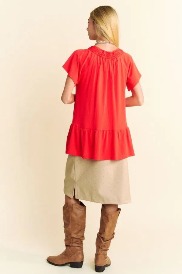Davi & Dani Solid Lace Trim Neck Short Sleeve Peplum Top - JUST - JEN BOUTIQUE