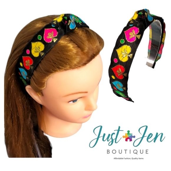Just-Jen Boutique Black Colorful Jacquard Trim Hair Accessory Headband