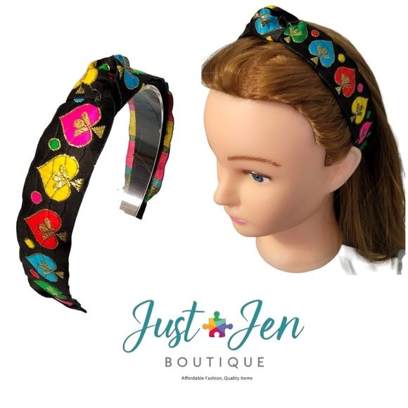 Just-Jen Boutique Black Colorful Jacquard Trim Hair Accessory Headband