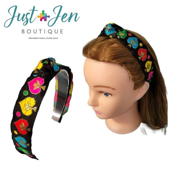 Just-Jen Boutique Black Colorful Jacquard Trim Hair Accessory Headband