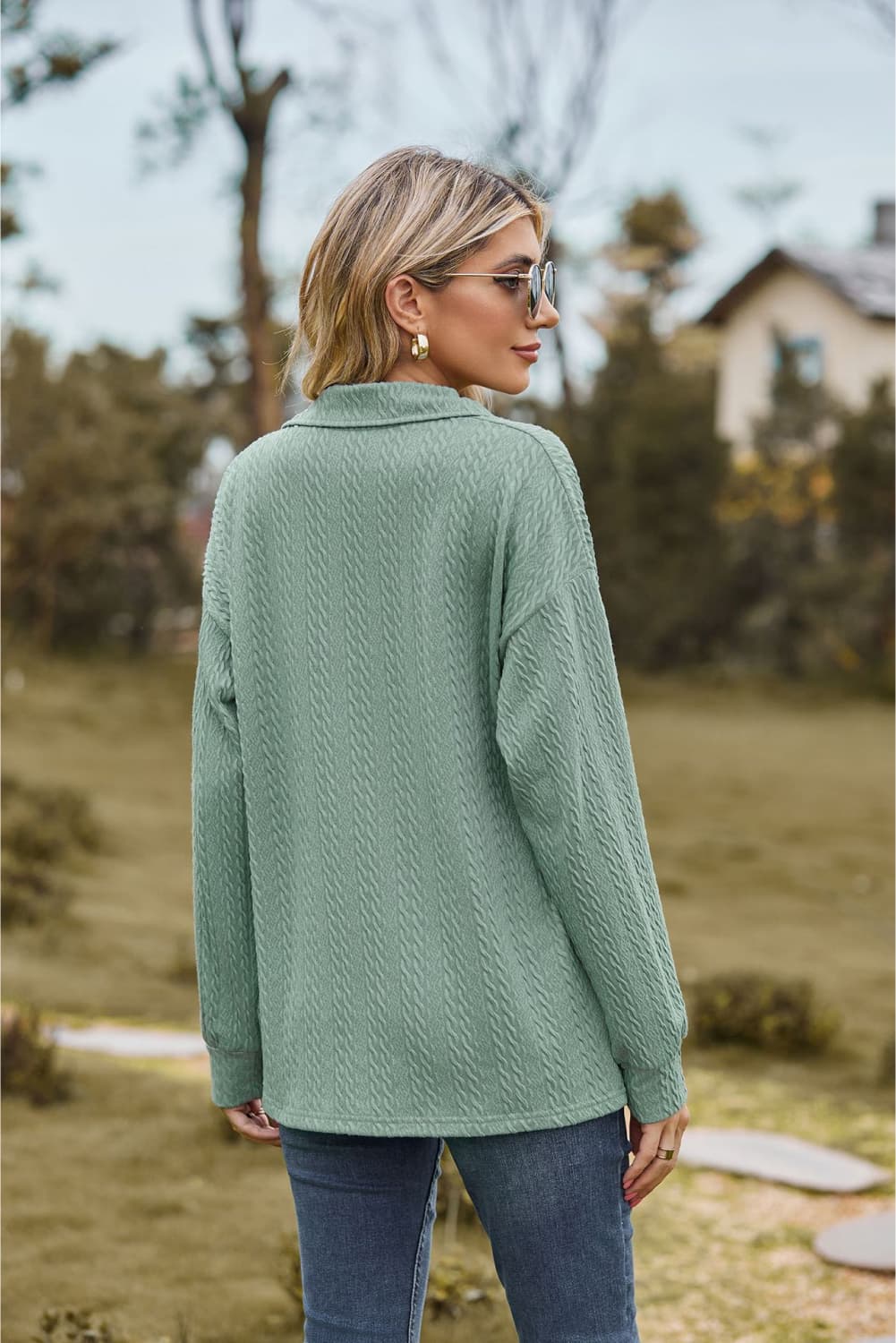 Collared Neck Cable - Knit Long Sleeve Blouse - JUST - JEN BOUTIQUE