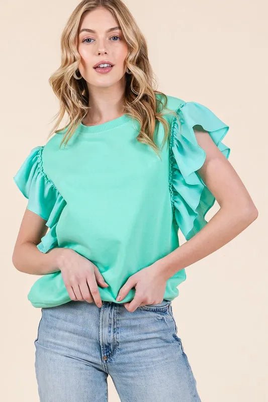 Lime 'N' Chili Solid Shoulder Ruffle Detail Round Neck Top - JUST - JEN BOUTIQUE