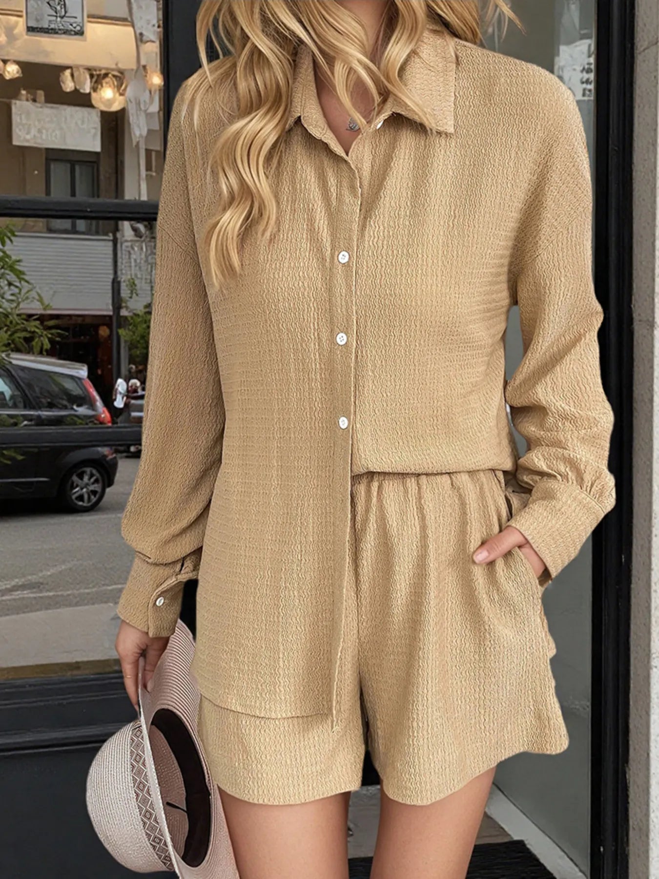 Button Up Long Sleeve Shirt and Shorts Set - JUST - JEN BOUTIQUE
