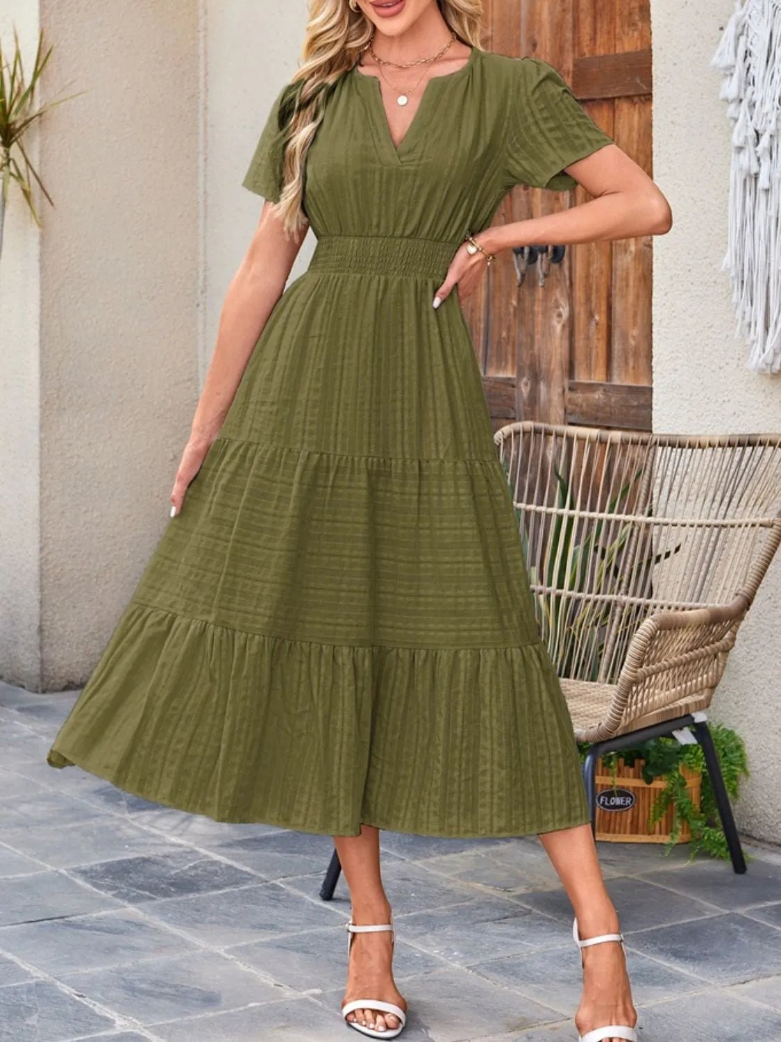 Tiered Notched Short Sleeve Dress - JUST - JEN BOUTIQUE