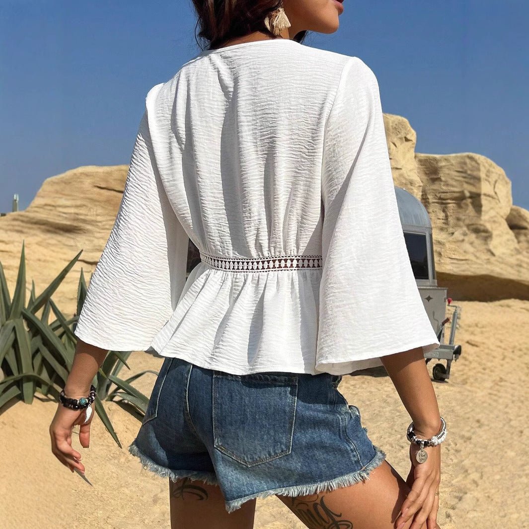 Solid color hollow waist inlaid with lace V-neck casual shirt shoulder