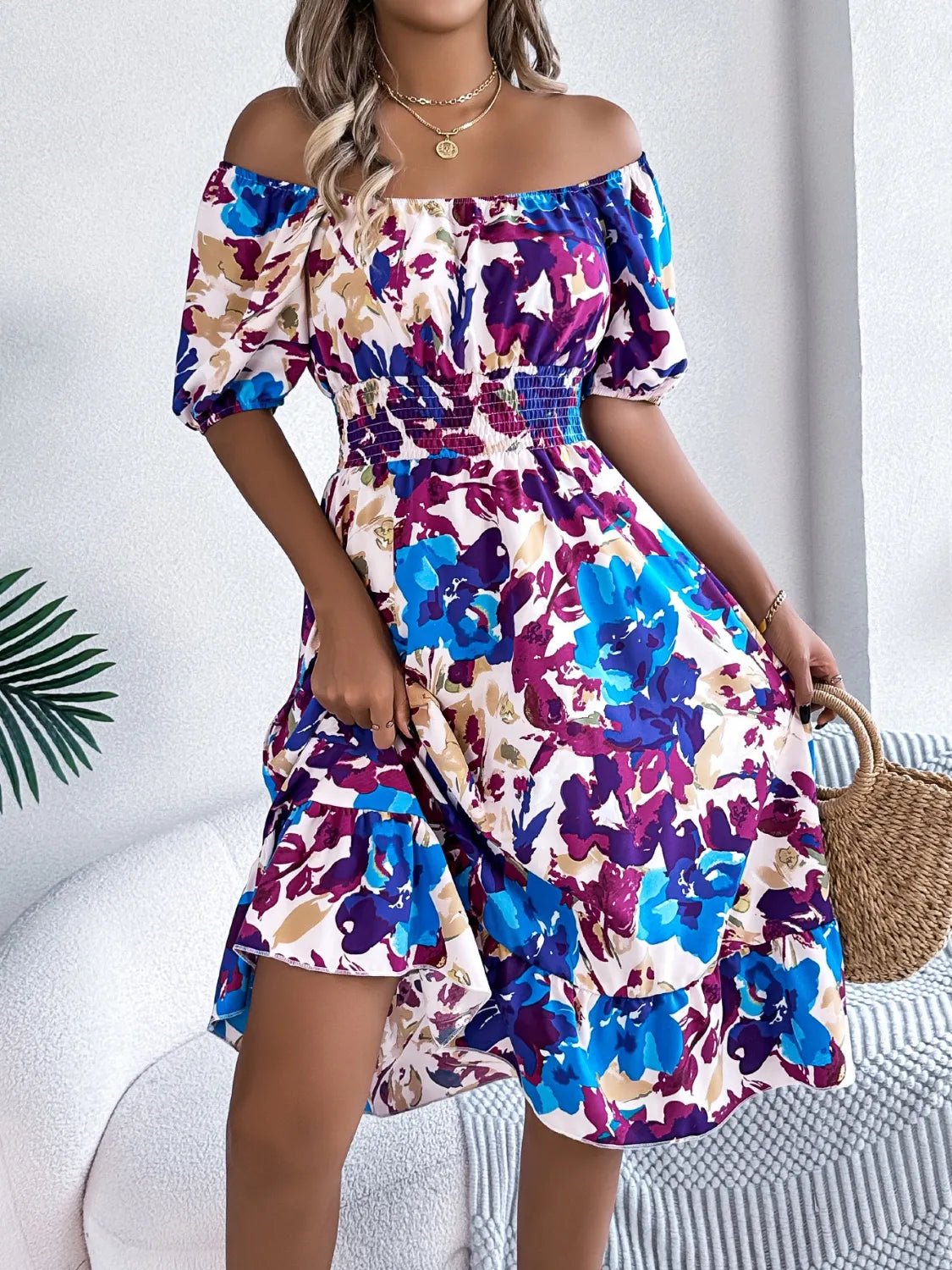 Ruffled Hem Smocked Floral Short Sleeve Midi Dress - JUST - JEN BOUTIQUE