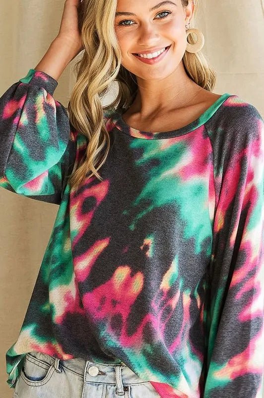 BiBi Tie Dye Print Terry Top with Puff Sleeves - JUST - JEN BOUTIQUE