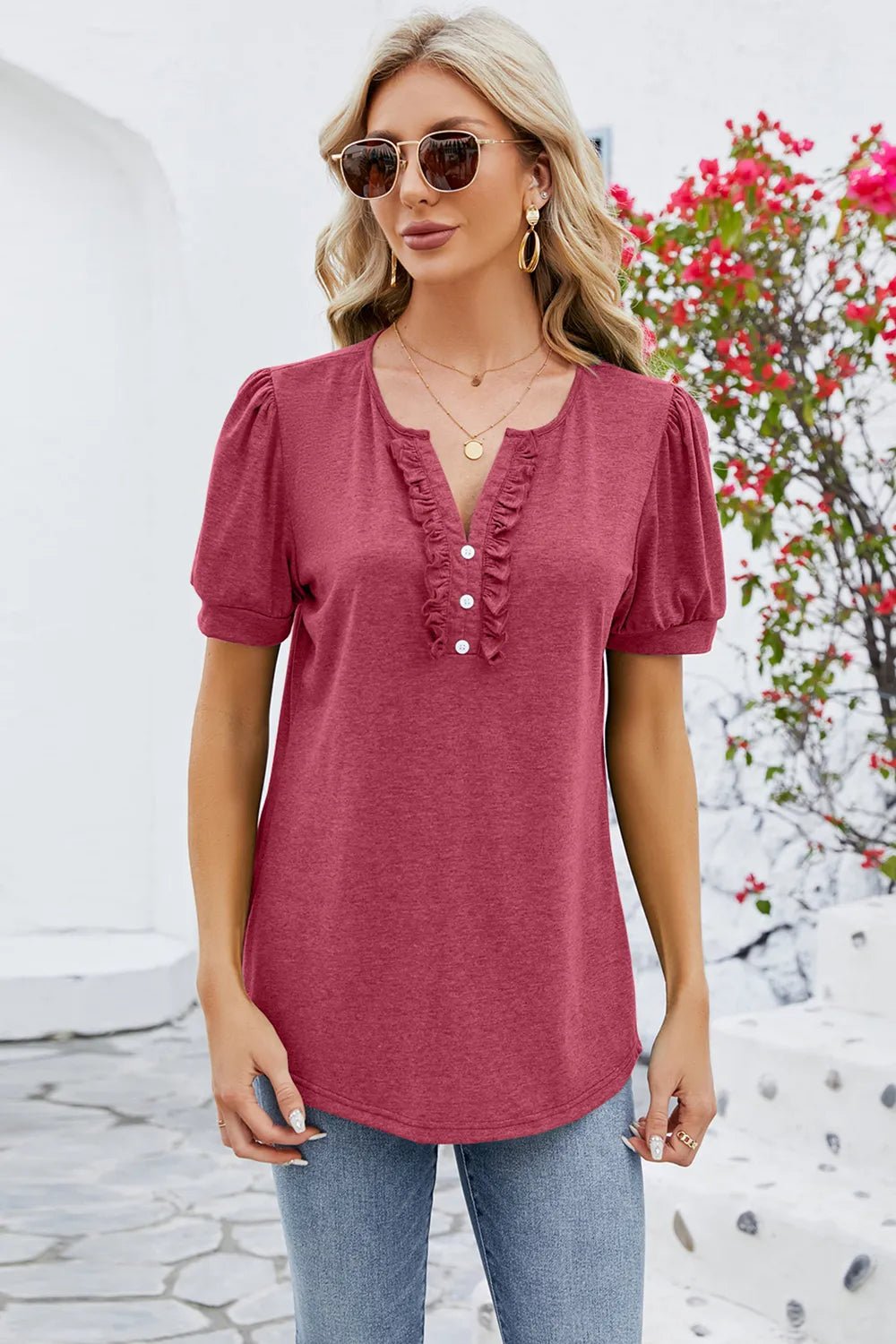 Frill Notched Short Sleeve Blouse - JUST - JEN BOUTIQUE