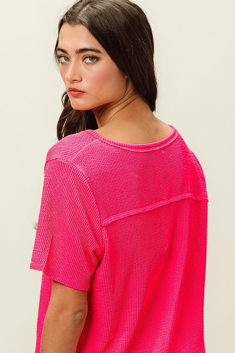 BiBi Waved Rib U Neck Top With Front Pocket - JUST - JEN BOUTIQUE